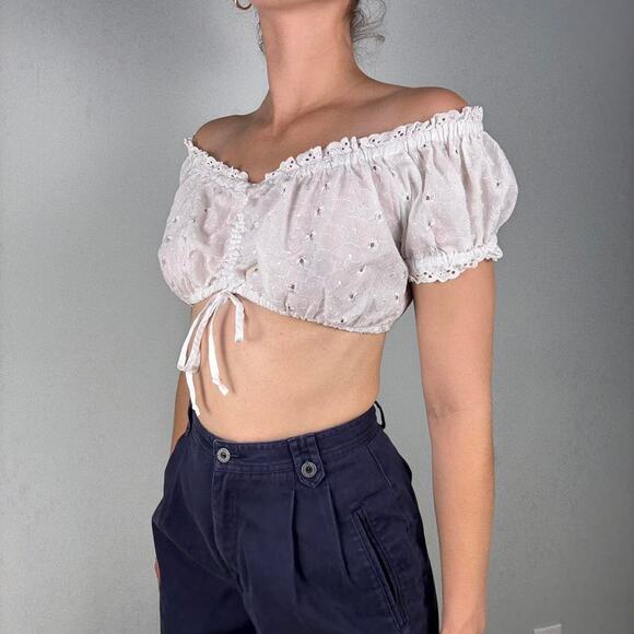 White eyelet off the shoulder lace up milkmaid cropped top - fits like small - Picture 3 of 8
